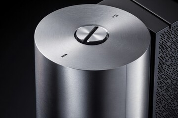Fototapeta na wymiar Sleek Silver Control Knob on Modern Electronic Device Against Black Background