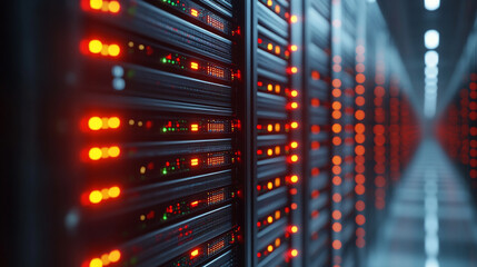 Modern data center interior with black server racks housing computer network infrastructure symbolizing cloud data storage, hardware security, and internet hosting in a high-tech environment