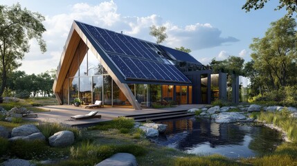 Obraz premium Solar-powered eco-friendly house with AI-managed energy distribution, a sustainable living environment for families