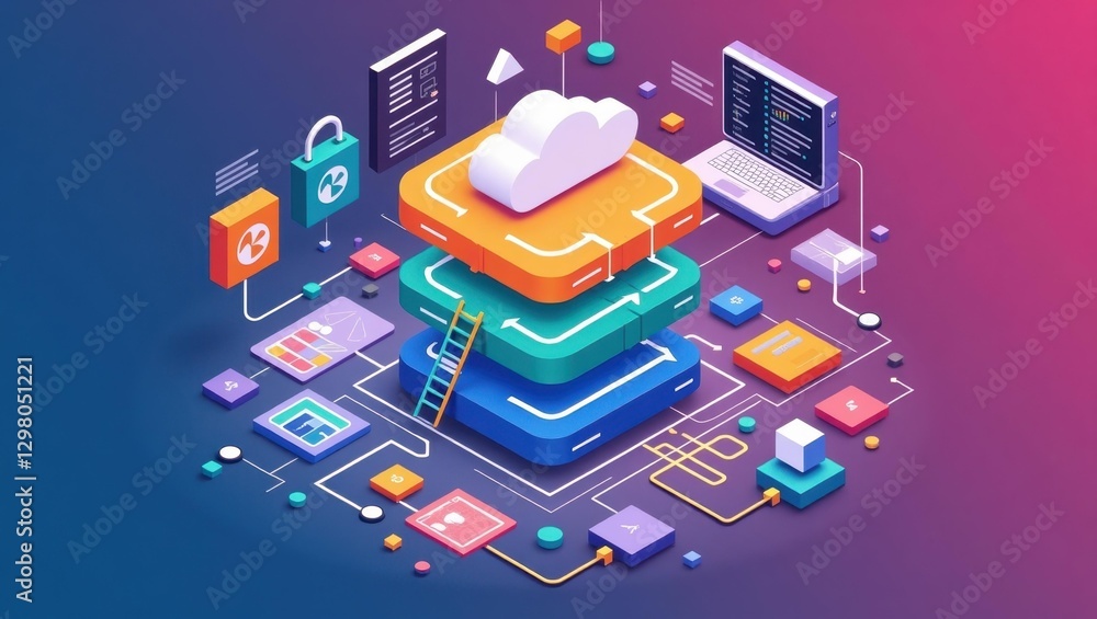 Poster contentstack. image shows computer and cloud on top of stack of books