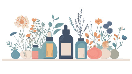 A digital illustration depicting an arrangement of various bottles and jars, seemingly containing cosmetic products, interspersed with stylized illustrations of flowers and herbs. The style is