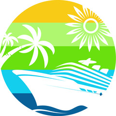 Obraz premium Cruise ship on waves, sun and palm trees, color symbol
