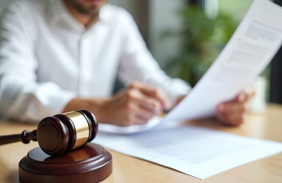 Close-up of lawyer reviews legal document at desk with gavel nearby. Law, justice, advocacy themes. Focus on law practice. Attorney work on litigation, paperwork, scrutiny, defense, evidence.
