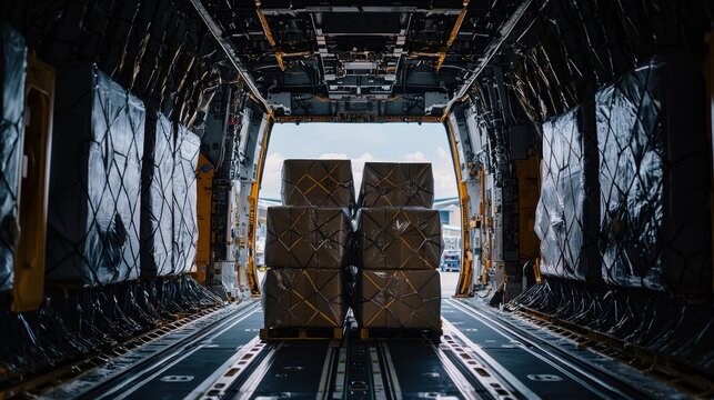 Cargo Plane Interior:  A View of Securely Packed Goods Awaiting Delivery