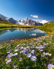 Mountain lake & wildflowers reflect bright blue summer sky.  Vibrant & serene nature scene. Ideal for summer, nature, and scenic backgrounds.


