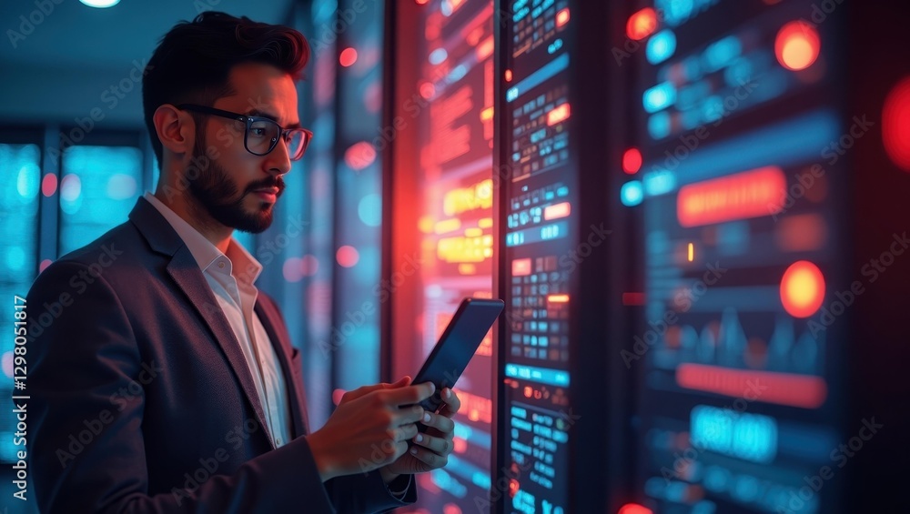 Poster cybersecurity technology. man is using his cell phone in data center