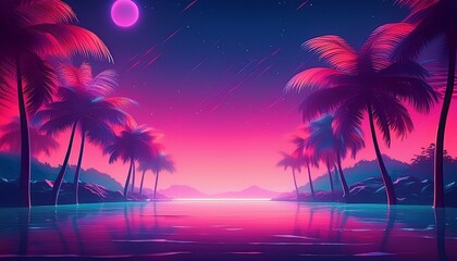 Fototapeta premium Neon tropical night scene: glowing palm trees & deep magenta sky. Vibrant & exotic nightlife vibe. Ideal for party themes & eye-catching designs.