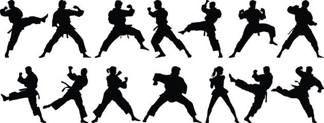 Kungfu silhouettes set, fighter pack of vector silhouette design, isolated background