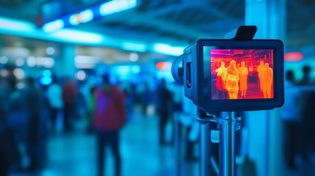 thermal security camera showing vibrant heat map monitoring body temperature of people at airport 