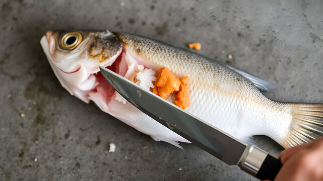 Tilapia is a eviscerated fish with a knife.