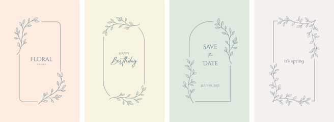 Set of Hand drawn floral frames with flowers, branch and leaves. Elegant logo template. Delicate botanical borders and wreaths in line art, rococo style. Vector illustration for wed invitation, card