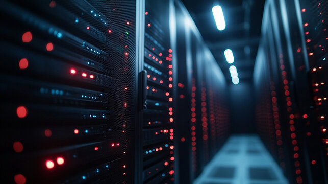 Modern data center interior with black server racks housing computer network infrastructure symbolizing cloud data storage, hardware security, and internet hosting in a high-tech environment
