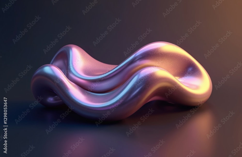 Poster Abstract liquid holographic gradient 3D shape design. Metallic form with flowing wavy pattern, rainbow colors, reflective surface, visual interest, trendy background for demonstration of modern
