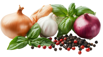 Fresh onions, basil leaves, and mixed peppercorns arranged beautifully on transparent background, showcasing vibrant colors and textures, perfect for culinary presentations