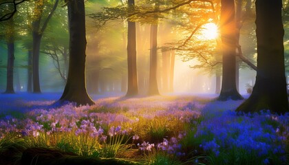 Generated Misty forest dawn: golden sunlight filters trees, carpet of ferns.  Peaceful & enchanting woods. Ideal for nature themes & tranquil backgrounds.

