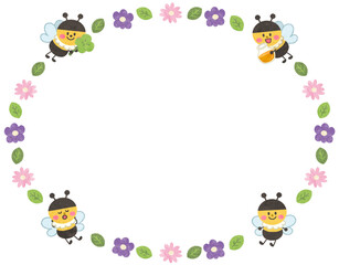 かわいいミツバチと花のフレームイラスト