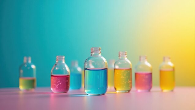 Electrolyte Drops. Liquid paraffin Perfume dupe Perfumer Hydration Pheromones oil Enzyme cleaner Scent split Fragrantica Knowde Enveda Biosciences Colorful glass bottles with in gradient blue and yel