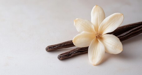 Naklejka premium Elegant Vanilla Flower and Beans on Soft Background Capturing Natural Beauty and Essence of Aromatic Flavors in Culinary Artistry