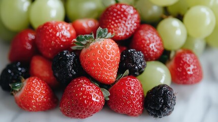 Obraz premium Fresh strawberries, blackberries, and green grapes on marble. Healthy snack