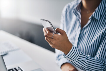 App, business and phone in hand of woman at office for communication, networking or update. Contact, social media and text message with employee in workplace to check mobile calendar or schedule