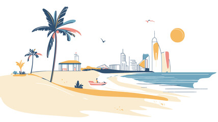 A stylized illustration depicting a tropical beach scene with palm trees in the foreground, a sandy shore, and a city skyline in the background. The style is minimalist with muted, pastel colors.