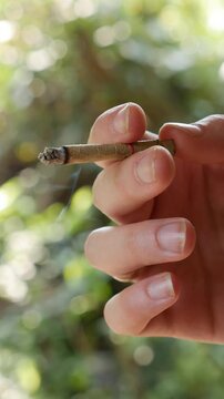 Vertical close-up shot of a lit bidi or beedi in a woman's hand. Thin cigarette filled with tobacco flake and commonly wrapped in a tendu (Diospyros melanoxylon) or Piliostigma racemosum leaf tied