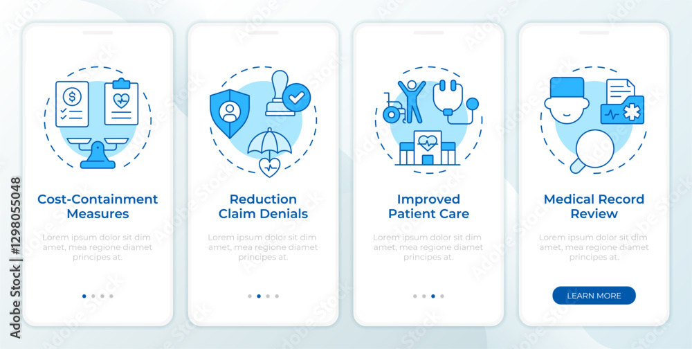 Poster cons of utilization management blue onboarding mobile app screen. walkthrough 4 steps editable graph