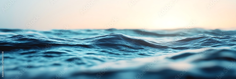 Poster a serene view of gentle ocean waves reflecting soft light, creating a tranquil atmosphere.