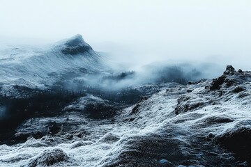 A serene winter landscape showcasing frosty mountains shrouded in mist, evoking tranquility and solitude