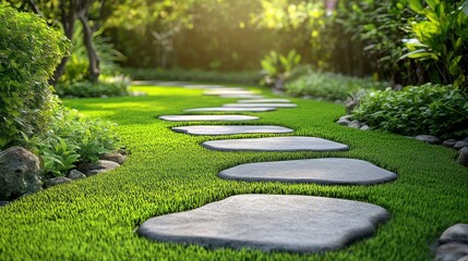 Obraz premium Serene garden path with stepping stones on lush green grass.