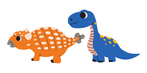 Two dinosaur cute characters colorful prints set. Lovely monsters vector illustration. Simple wild prehistoric animals childish design element doodle collection .