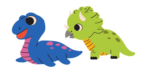 Two dinosaur cute characters colorful prints set. Lovely monsters vector illustration. Simple wild prehistoric animals childish design element doodle collection .