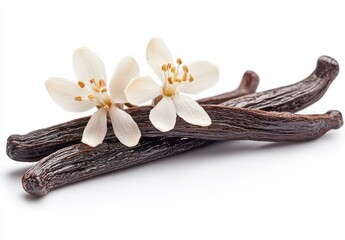 Elegant Vanilla Sticks and Blossoms on Bright Background Showcasing Natural Beauty and Aromatic Essence of Culinary Delights in Vibrant Colors