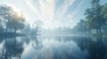 Fototapeta premium Misty Forest Lake Sunrise Panorama