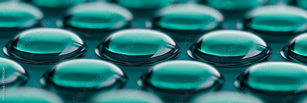 Poster close-up of shiny green droplets arranged in a neat pattern, showcasing their reflective surfaces an
