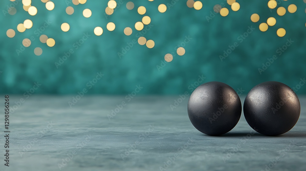 Poster two black spheres on a textured surface with a blurred golden bokeh background, creating a festive a