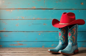Red cowboy hat rests blue ornate embroidered boots on wood background. Western fashion clothes apparel, rustic country symbols for saloon, ranch party, line dance. Cowboy or cowgirl outfit. Wild west.