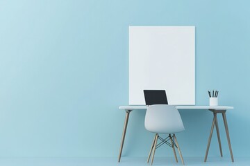 Modern minimalist office interior with a desk, chair, and laptop on a light blue wall. Vertical blank white poster for advertising. 3D Rendering