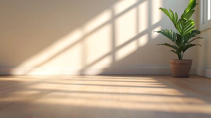 A bright, serene room featuring a potted plant, with sunlight casting soft shadows across a wooden floor.