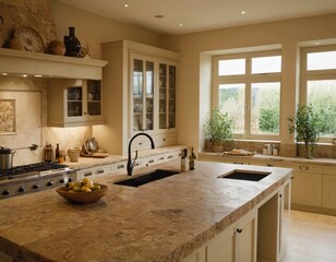 Light home kitchen interior with stone island, sink and cooking cabinet