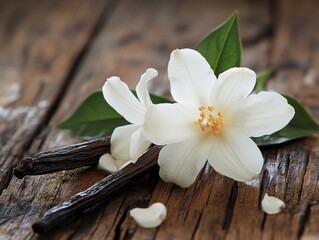 Fototapeta premium Elegant White Flower and Vanilla Beans on Rustic Wood Table for Natural Beauty and Aromatic Essence Themes