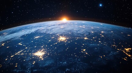 Fototapeta premium Sunrise Over Earth From Space: Night Lights And Cityscapes