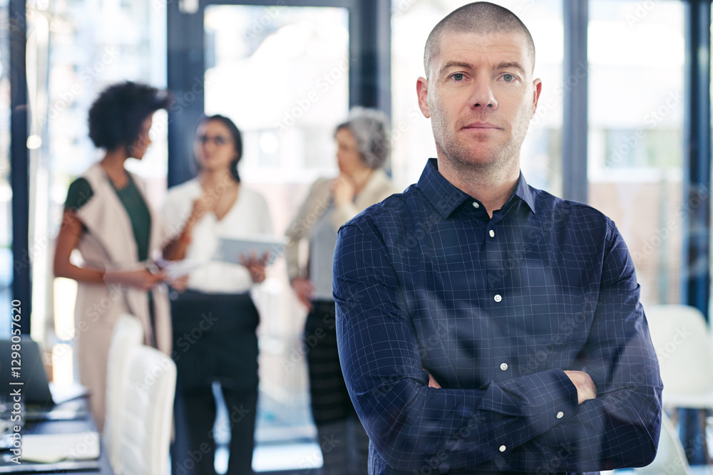 Aufkleber arms crossed, leadership and portrait with business man in designer office for project management. a