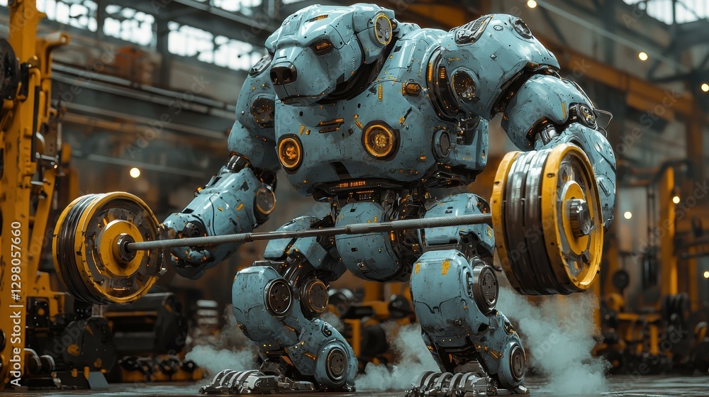 Poster robot lifting weights in a factory. ai.