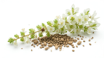 Marjoram plant and seeds isolated on white. Origanum majorana, Majorana hortensis Moench, Majorana majorana cold-sensitive perennial herb or undershrub with sweet pine and citrus flavors. Digital art.