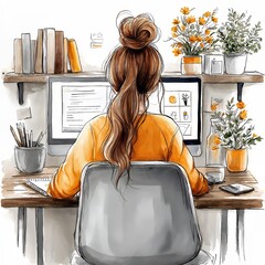 A girl sits at the computer desk,  illustration