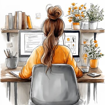A girl sits at the computer desk,  illustration