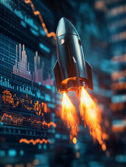 A rocket taking off with stock market charts in the background