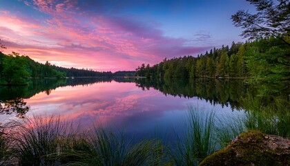 Serene lake reflects pink & purple sunset hues, lush green forest surrounds.  Tranquil & scenic landscape. Ideal for nature, peaceful scenes, and calming backgrounds.   © Photo by mQ