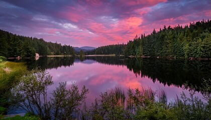 Fototapeta premium Serene lake reflects pink & purple sunset hues, lush green forest surrounds. Tranquil & scenic landscape. Ideal for nature, peaceful scenes, and calming backgrounds.